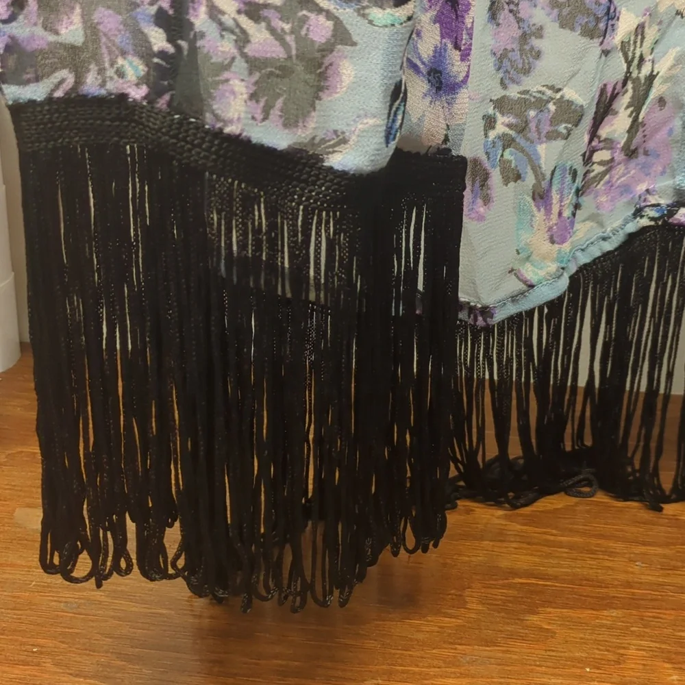 Apt 9 Floral Fringe Kimono Cardigan - Light Blue & Purple Osfm
